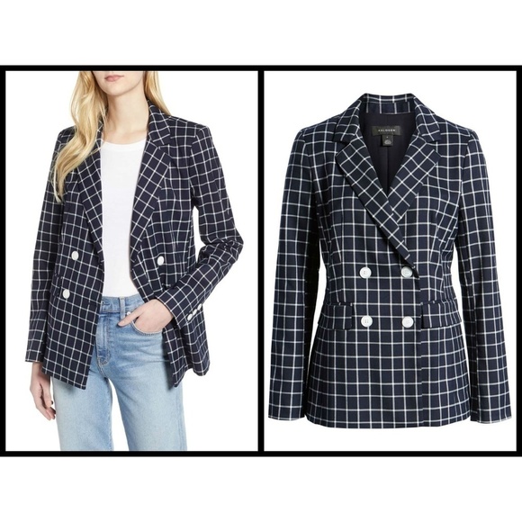 💕HALOGEN💕 Double Breasted Window Pane Plaid Check Blazer ~ Navy Blue S NWOT - Picture 1 of 14